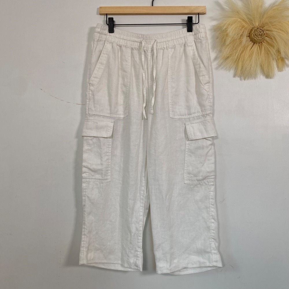 Lands End Womens 100% Linen Cargo Capri Pants Size 8 M Coastal Beach Elastic